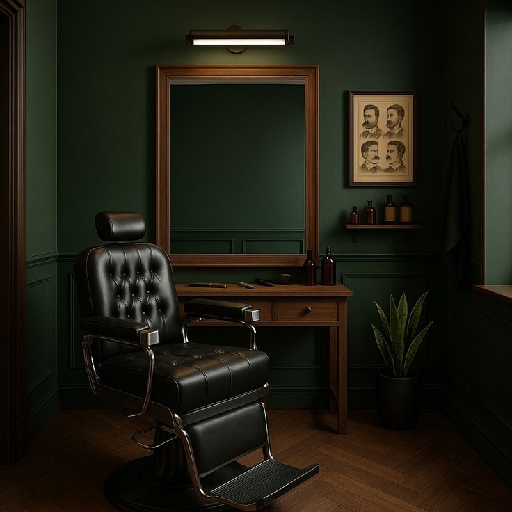 The barber chair in the green styling room at Vintage Blade