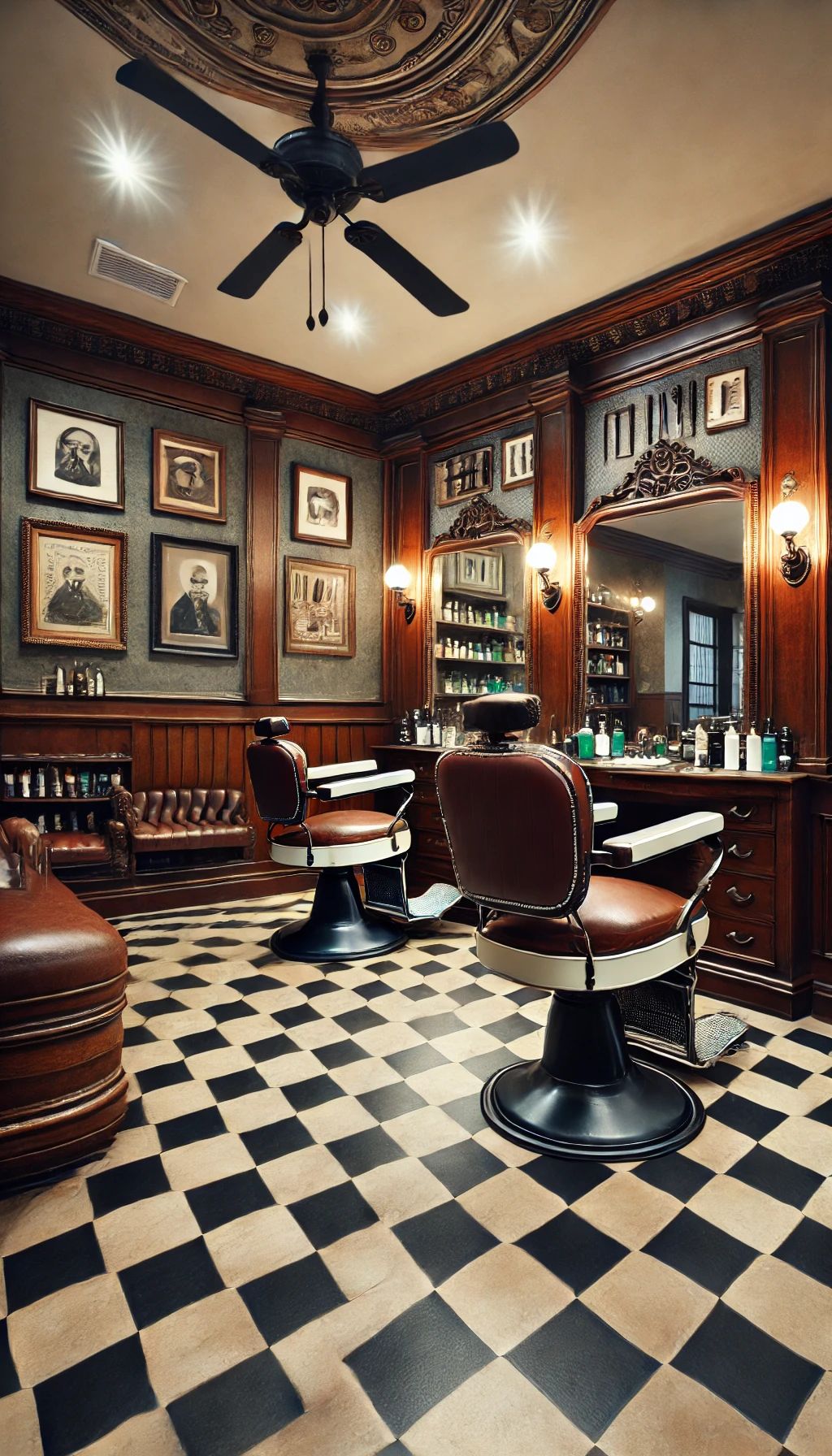 Inside Vintage Blade Barbershop in Bonita Springs — green walls, mahogany and brass